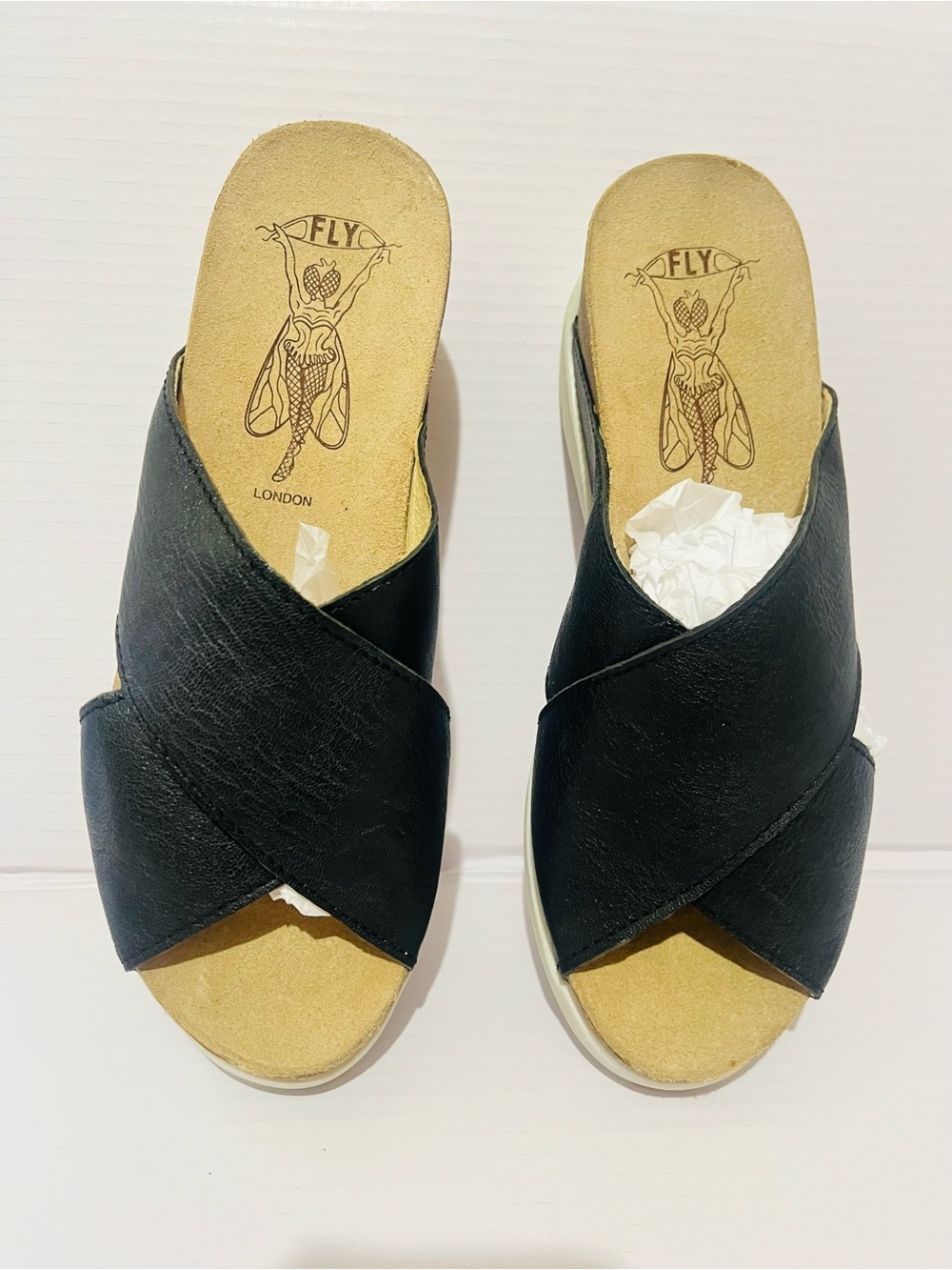 Fly London Women's Wary Leather Black Cross Strap Wedge Slide Sandals